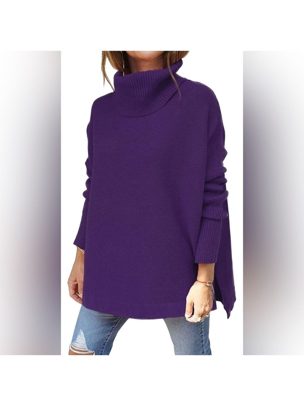 LILLUSORY Women's M Turtleneck Oversized  Batwing Spilt Hem Tunic Sweater Knit